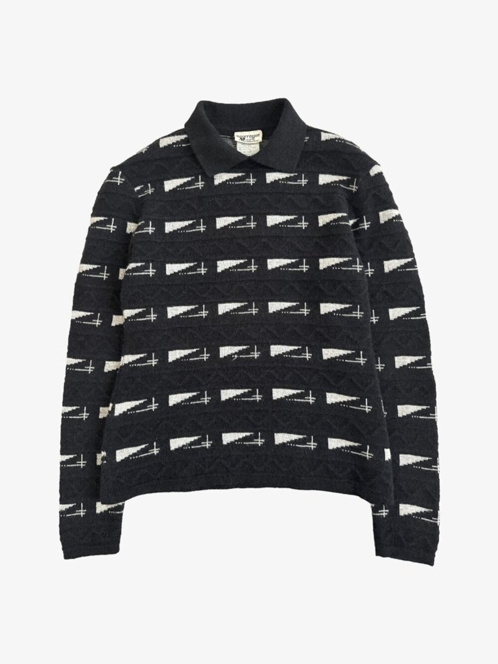Vintage 70's Black/White Geometric Patterned Wool Collared Sweater by Courreges